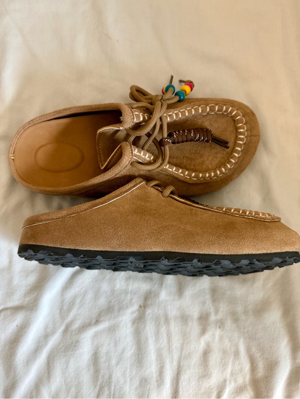 Tan Suede Women's Moccasin Slip-Ons with Colorful Bead Accents - Picture 4 of 8